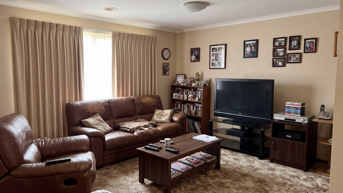 A quiet Australian lounge room with the curtains drawn in the afternoon