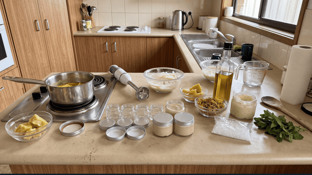 Hands mixing a batch of natural cream on a kitchen bench with jars and oils
