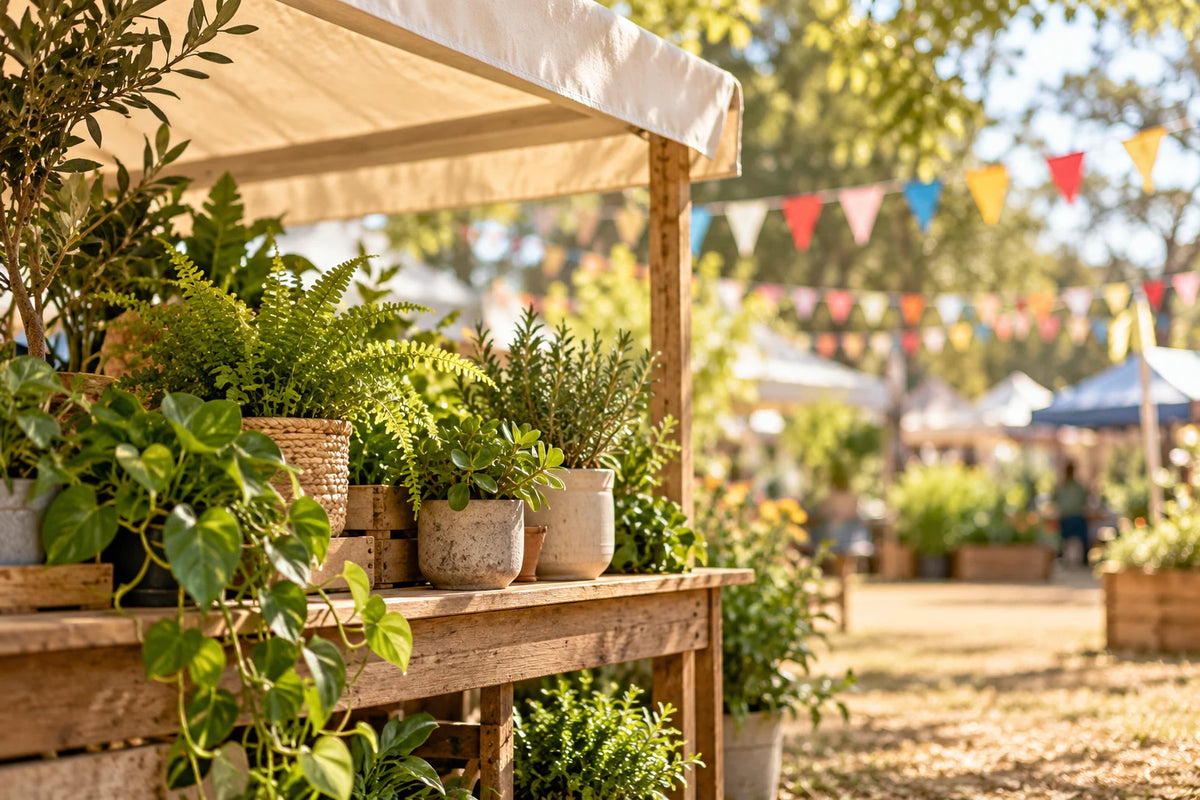 Generic fair-inspired illustration of a market awning, plants and bunting; AI-generated, not an Ekka event photograph.